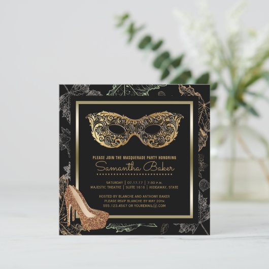 Herfst Masquerade Party | Zwart gouden kostuumbal Kaart (Staand voorkant)