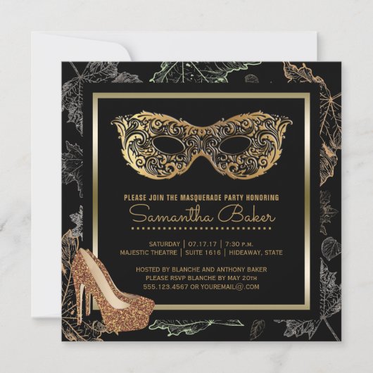 Herfst Masquerade Party | Zwart gouden kostuumbal Kaart (Voorkant)