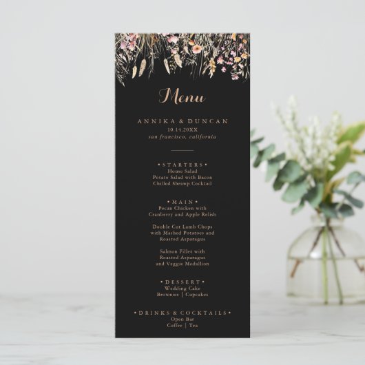 Herfst Meadow Wild Floral Calligraphy Diner Menu (Staand voorkant)