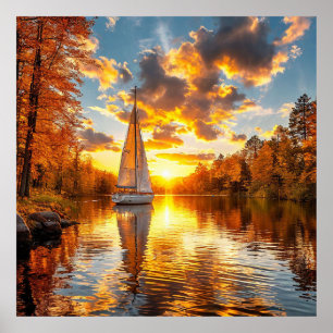 Herfst meer boot wanddecoratie cadeau voor thuis poster