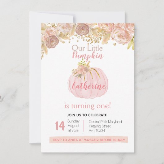 Herfst meisje gouden pompoen 1e verjaardag kaart (Voorkant)