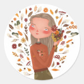 Herfst Meisje Herfstbloemen en bladeren Tekening Ronde Sticker (Voorkant)