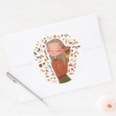 Herfst Meisje Herfstbloemen en bladeren Tekening Ronde Sticker (Envelop)