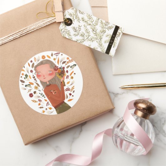 Herfst Meisje Herfstbloemen en bladeren Tekening Ronde Sticker (Geschenken)