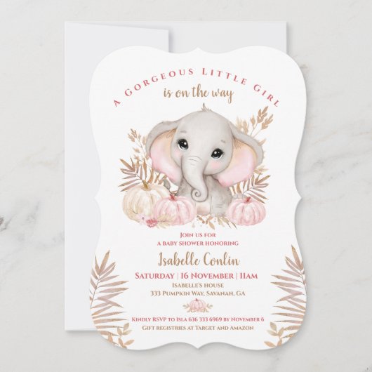 Herfst Meisje Olifant Pompoenen Baby shower Invita Kaart (Voorkant)