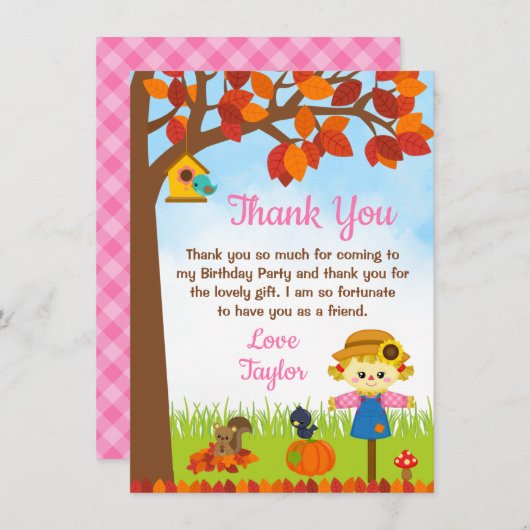 Herfst Meisje Vogelverschrikker Verjaardag Bedankkaart (Voorkant / Achterkant)