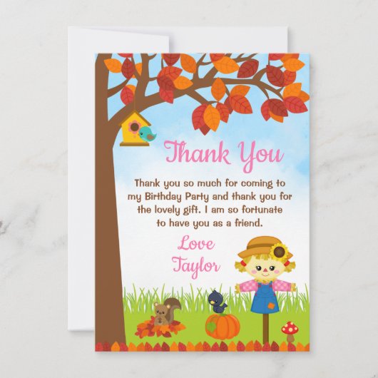 Herfst Meisje Vogelverschrikker Verjaardag Bedankkaart (Voorkant)