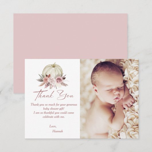 Herfst Meisje's Little Pumpkin Baby shower Foto Bedankkaart (Voorkant / Achterkant)