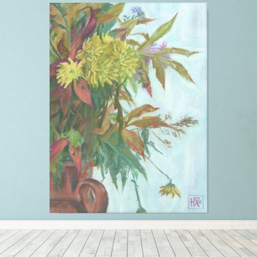 Herfst met chrysanthemum en herfstblad canvas afdruk (Insitu (Houten vloer))