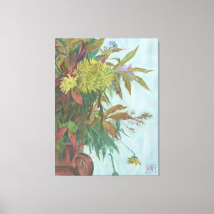 Herfst met chrysanthemum en herfstblad canvas afdruk