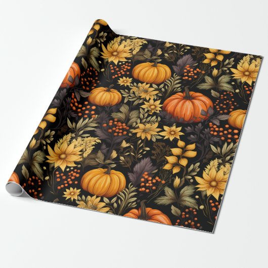 Herfst met zonnebloemen, pompoenen en boho bloemen cadeaupapier (Uitgerold)