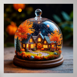 Herfst Miniatuur Dorp Glasstolp Pompoen Cottage Poster