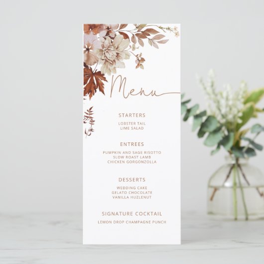 Herfst minimal elegante bruiloft menu (Staand voorkant)