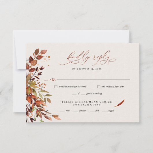 HERFST minimalistisch script bruiloft RSVP Reply K (Voorkant)