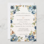 Herfst Modern Floral Waterverf Blauw Ivoor Bruilof Kaart (Voorkant)