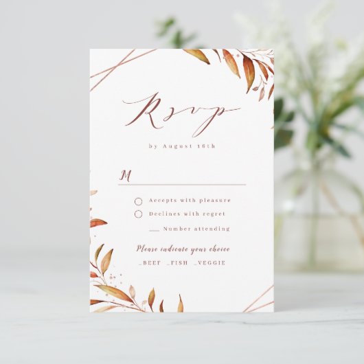 Herfst Modern Greenery Geometric Rustic Wedding RSVP Kaartje (Staand voorkant)