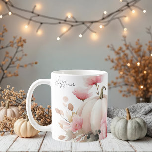 Herfst Mok met roze pompoenen en bloemen