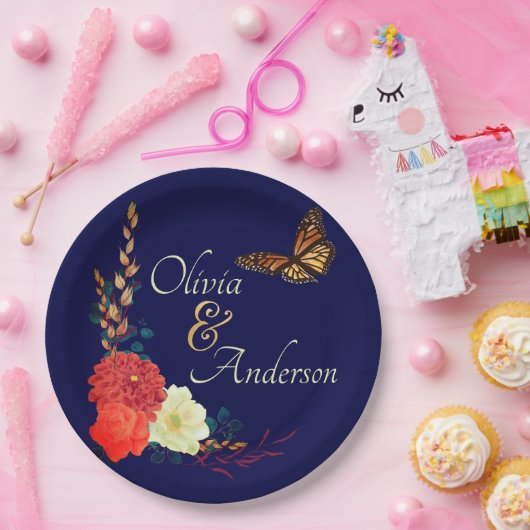 Herfst Monarch Butterfly Floral Navy Blue Wedding Papieren Bordje (Feest)