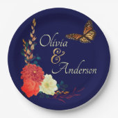 Herfst Monarch Butterfly Floral Navy Blue Wedding Papieren Bordje (Voorkant)