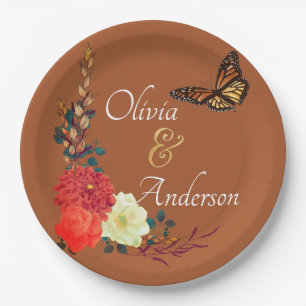 Herfst Monarch Butterfly Floral Terracotta Wedding Papieren Bordje