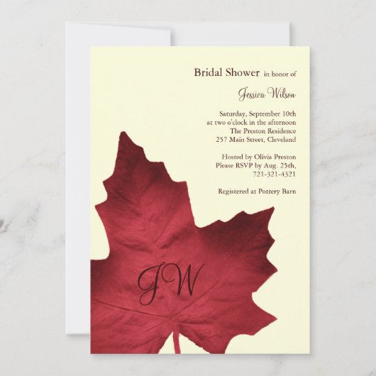Herfst Monogrammed Bridal Shower Invitation (rood) Kaart (Voorkant)