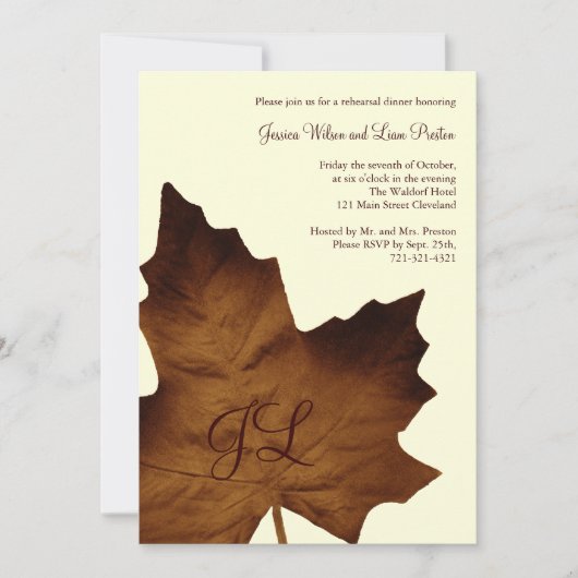 Herfst Monogrammed Rehearsal Dinner Invite (bruin) Kaart (Voorkant)