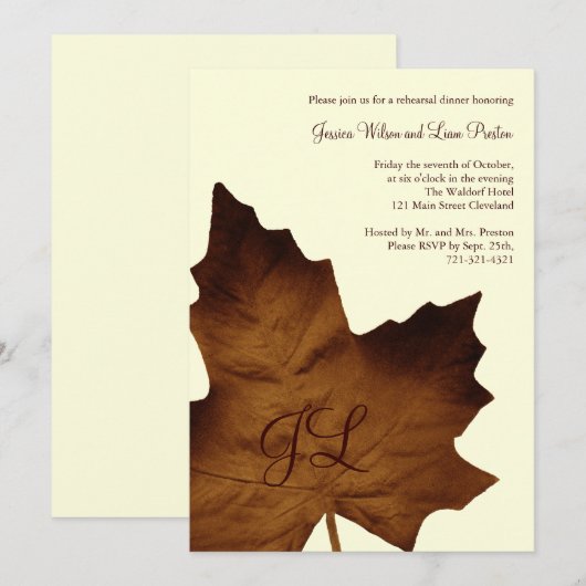 Herfst Monogrammed Rehearsal Dinner Invite (bruin) Kaart (Voorkant / Achterkant)