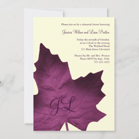 Herfst Monogrammed Rehearsal Dinner Invite (paars) Kaart (Voorkant)