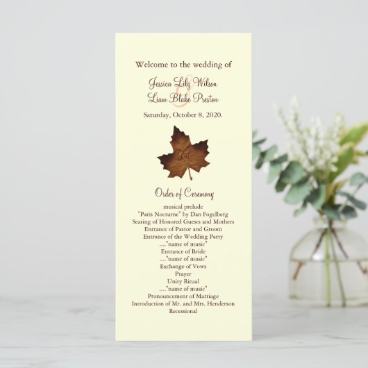 Herfst Monogrammed Trouwprogramma in het bruin Programmakaart (Staand voorkant)