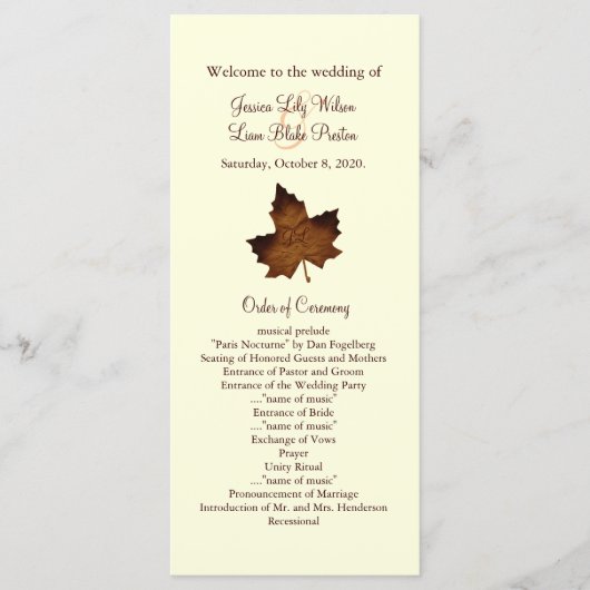 Herfst Monogrammed Trouwprogramma in het bruin Programmakaart (Voorkant)