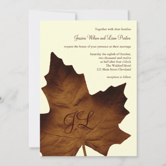 Herfst Monogrammed Wedding Invitation (bruin) Kaart (Voorkant)