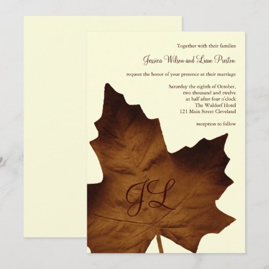 Herfst Monogrammed Wedding Invitation (bruin) Kaart (Voorkant / Achterkant)