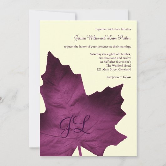 Herfst Monogrammed Wedding Invitation (paars) Kaart (Voorkant)