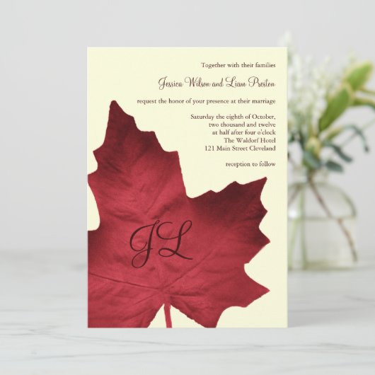 Herfst Monogrammed Wedding Invitation (rood) Kaart (Staand voorkant)