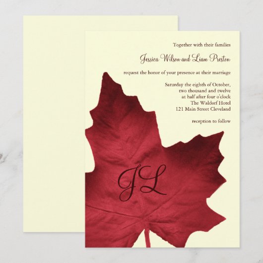Herfst Monogrammed Wedding Invitation (rood) Kaart (Voorkant / Achterkant)
