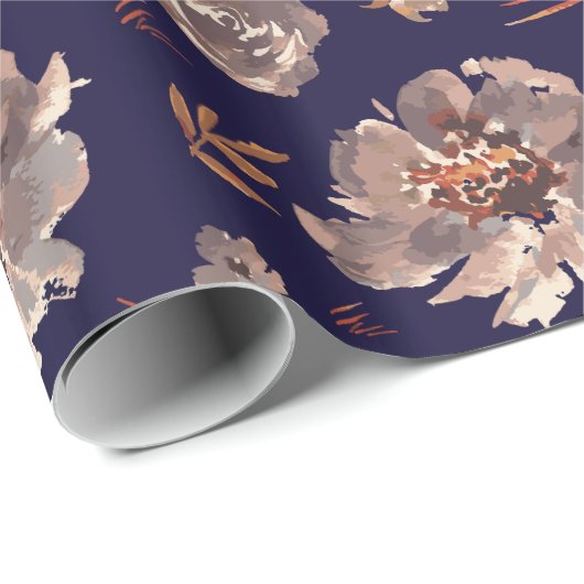 Herfst Moody Bloemen Herfst waterverf Blauw Patroo Cadeaupapier (Rol Hoek)