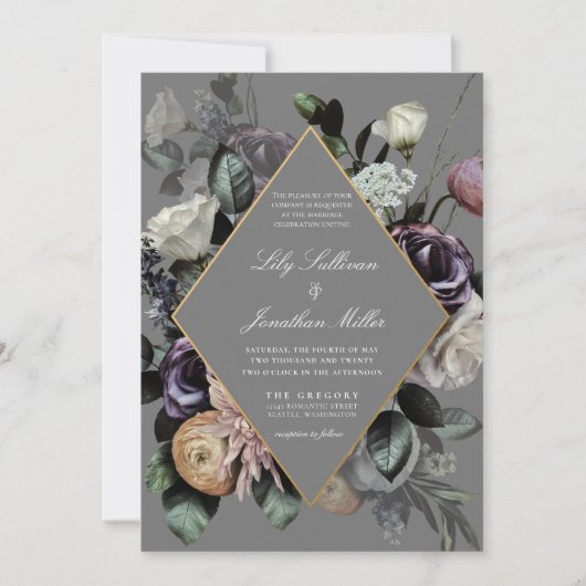 Herfst Moody Floral Lijst Paarse grijze bruiloft Kaart (Voorkant)