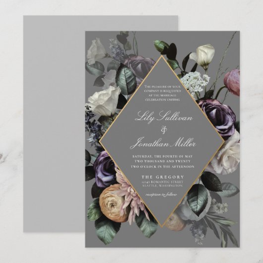 Herfst Moody Floral Lijst Paarse grijze bruiloft Kaart (Voorkant / Achterkant)