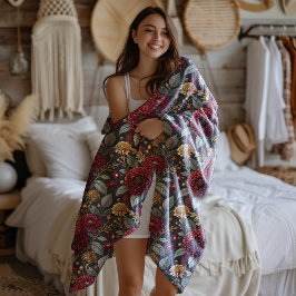 Herfst Moody Peony Bourgondië op donkergrijze bloe Fleece Deken