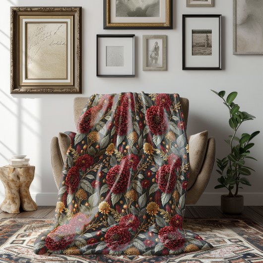 Herfst Moody Peony Bourgondië op donkergrijze bloe Fleece Deken