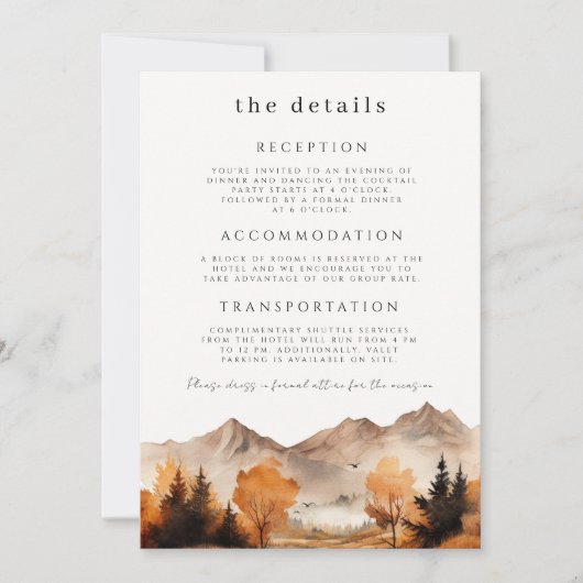 Herfst Mountain bruiloft Details Kaart (Voorkant)