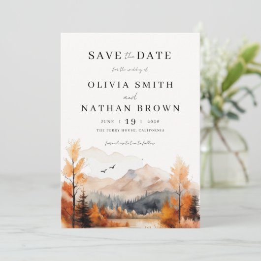 Herfst Mountain foto bruiloft Save The Date (Staand voorkant)