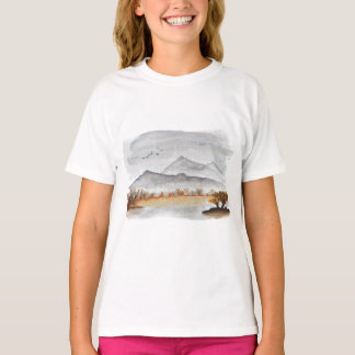 Herfst Mountain Lake Landschap Vredige Waterverf T-shirt