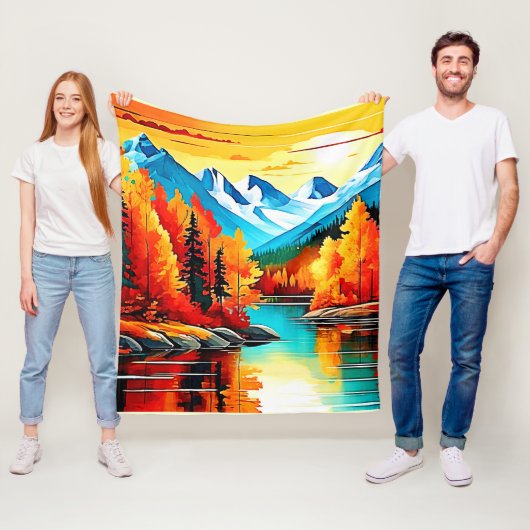 Herfst Mountain Lake Scene Fleece Deken (In situ)