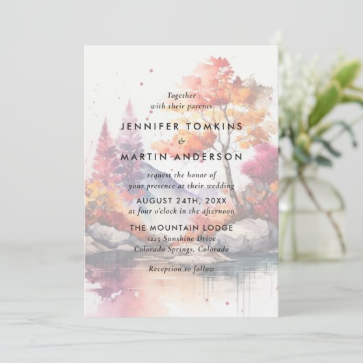 Herfst Mountain Lake Trees Waterverf bruiloft Kaart (Staand voorkant)