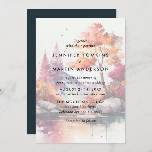 Herfst Mountain Lake Trees Waterverf bruiloft Kaart (Voorkant / Achterkant)