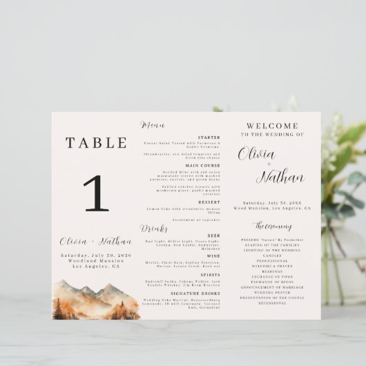 Herfst Mountain Tri-Fold Wedding Menu Tafelnummer (Staand voorkant)