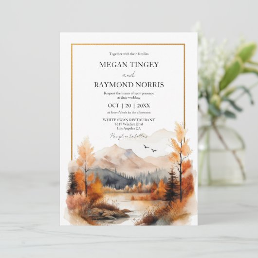 Herfst Mountain Waterverf Lakeside bruiloft Kaart (Staand voorkant)