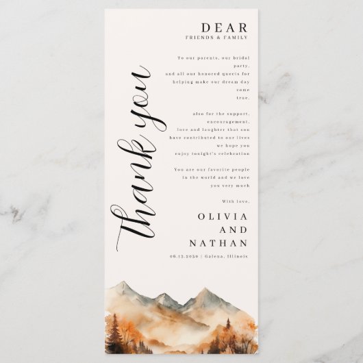Herfst Mountain Wedding Menu en dank u (Achterkant)