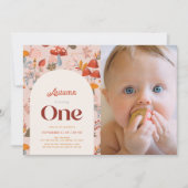 Herfst Mushroom Wildflower 1e Verjaardag Roze Foto Kaart (Voorkant)